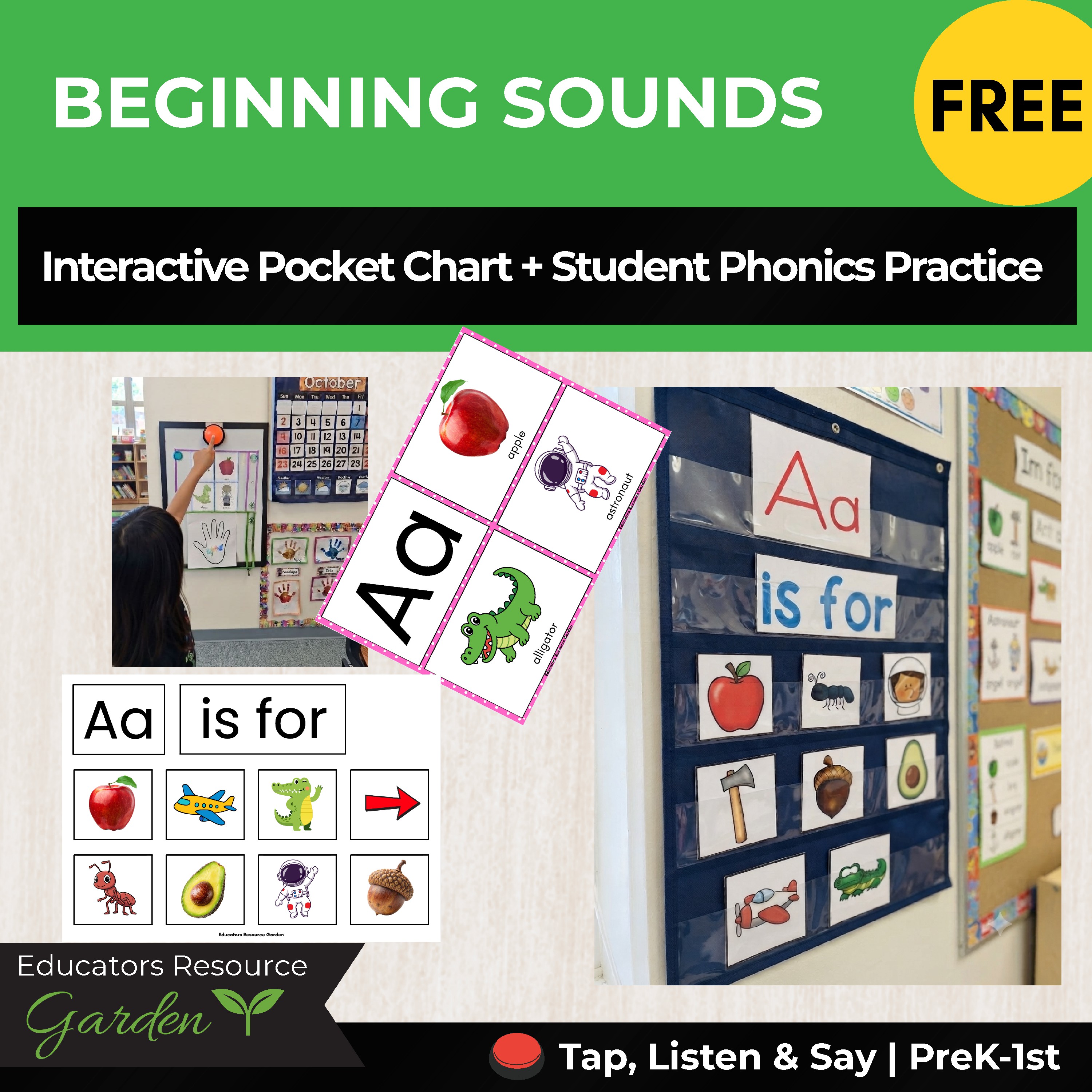 Free Beginning Sounds I Interactive Pocket Chart activitiesI Tap, Listen and Say